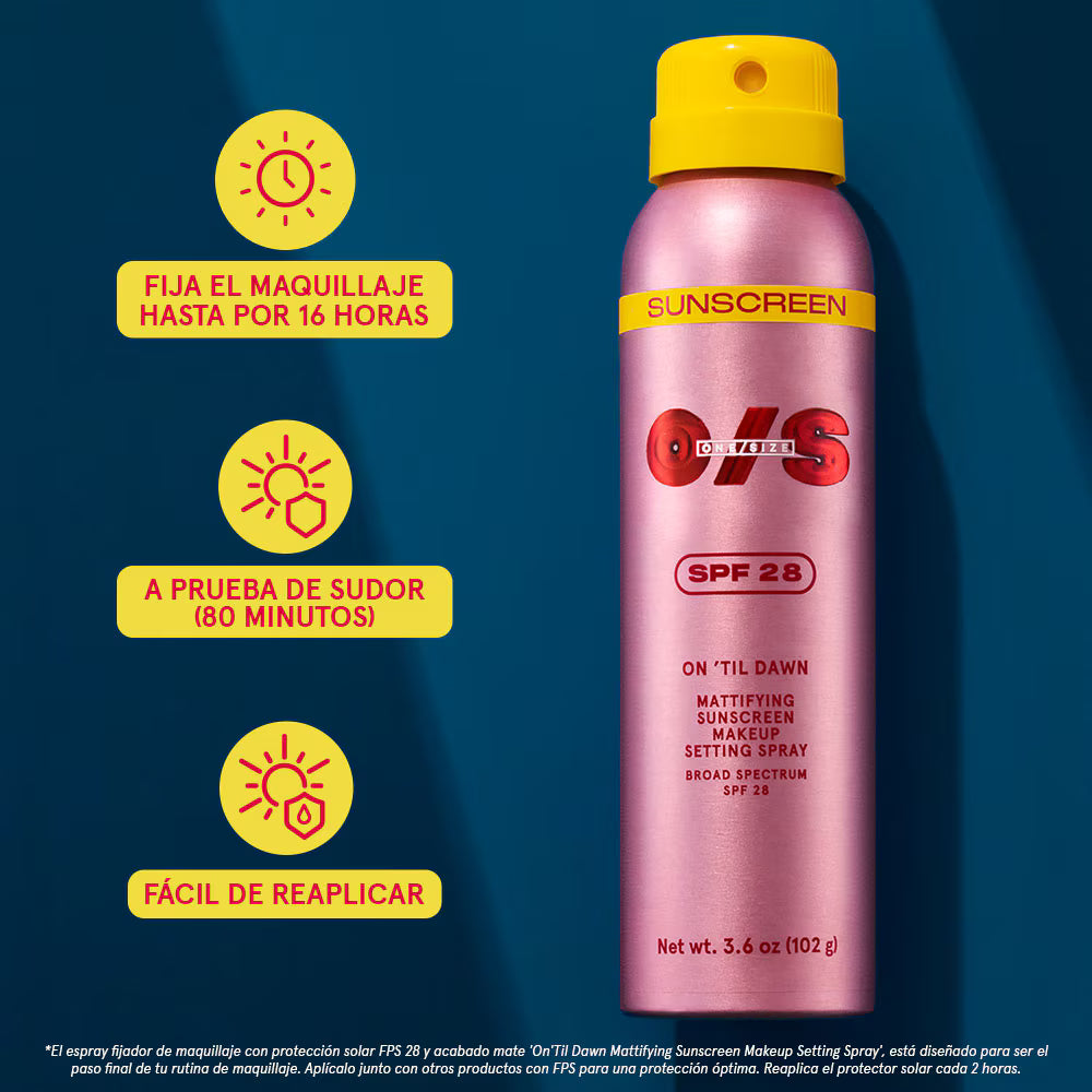 ONE/SIZE On ’Til Dawn Mattifying Sunscreen Makeup Setting Spray SPF 28 (fijador de maquillaje con protección solar)